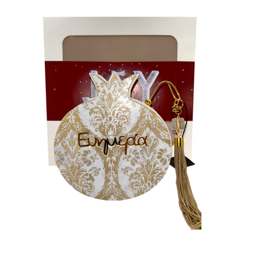 Ξύλινο γούρι ρόδι Merry Roses σε λευκό και χρυσό με τη λέξη Ευημερία