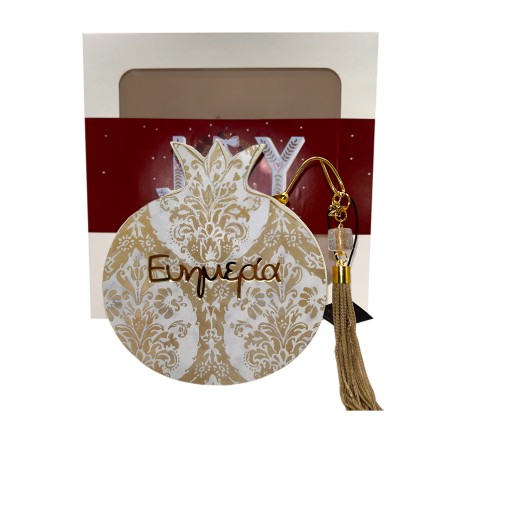 Ξύλινο γούρι ρόδι Merry Roses σε λευκό και χρυσό με τη λέξη Ευημερία