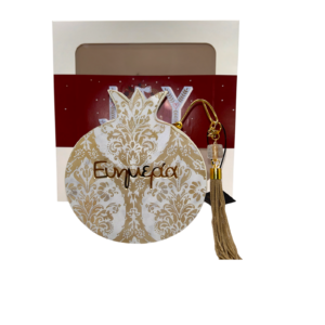 Ξύλινο γούρι ρόδι Merry Roses σε λευκό και χρυσό με τη λέξη Ευημερία