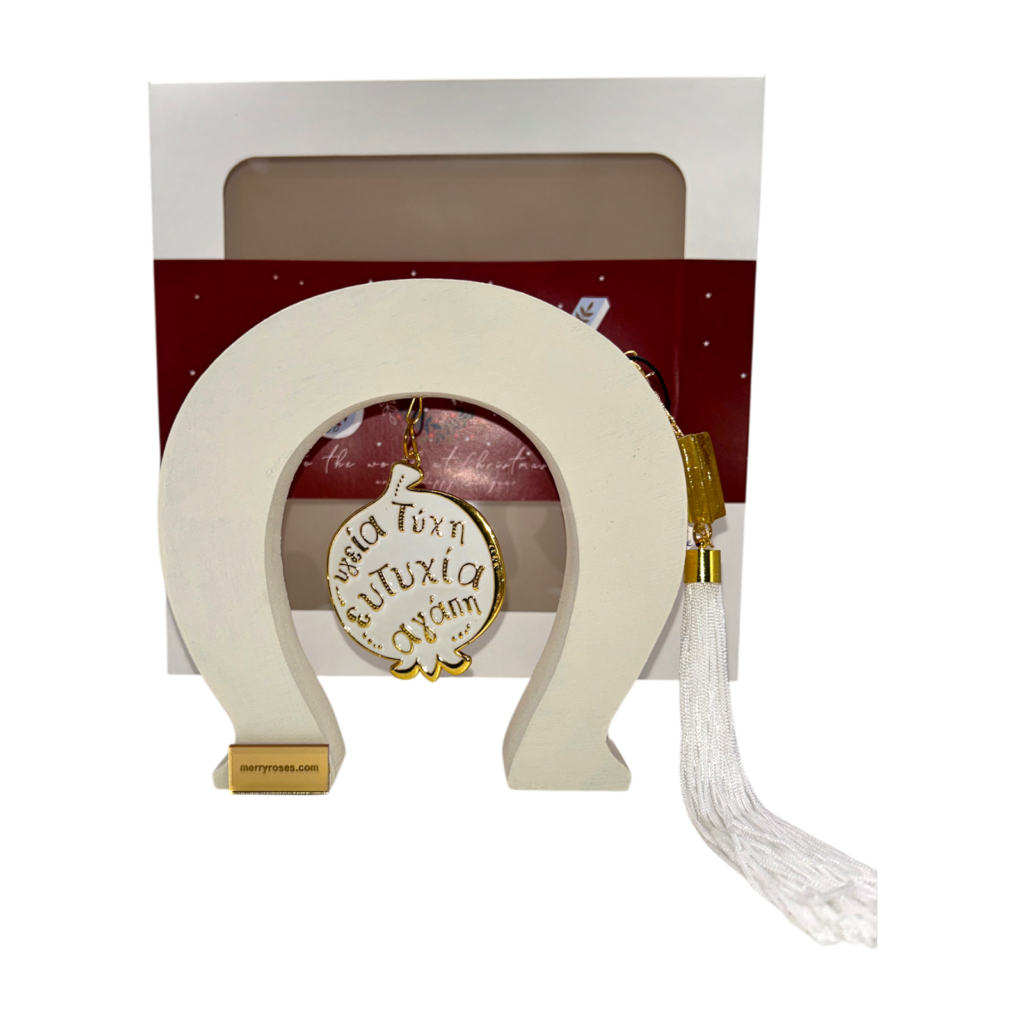 Ξύλινο γούρι πέταλο Merry Roses σε λευκό με σμάλτινο ρόδι και τέσσερις ευχές