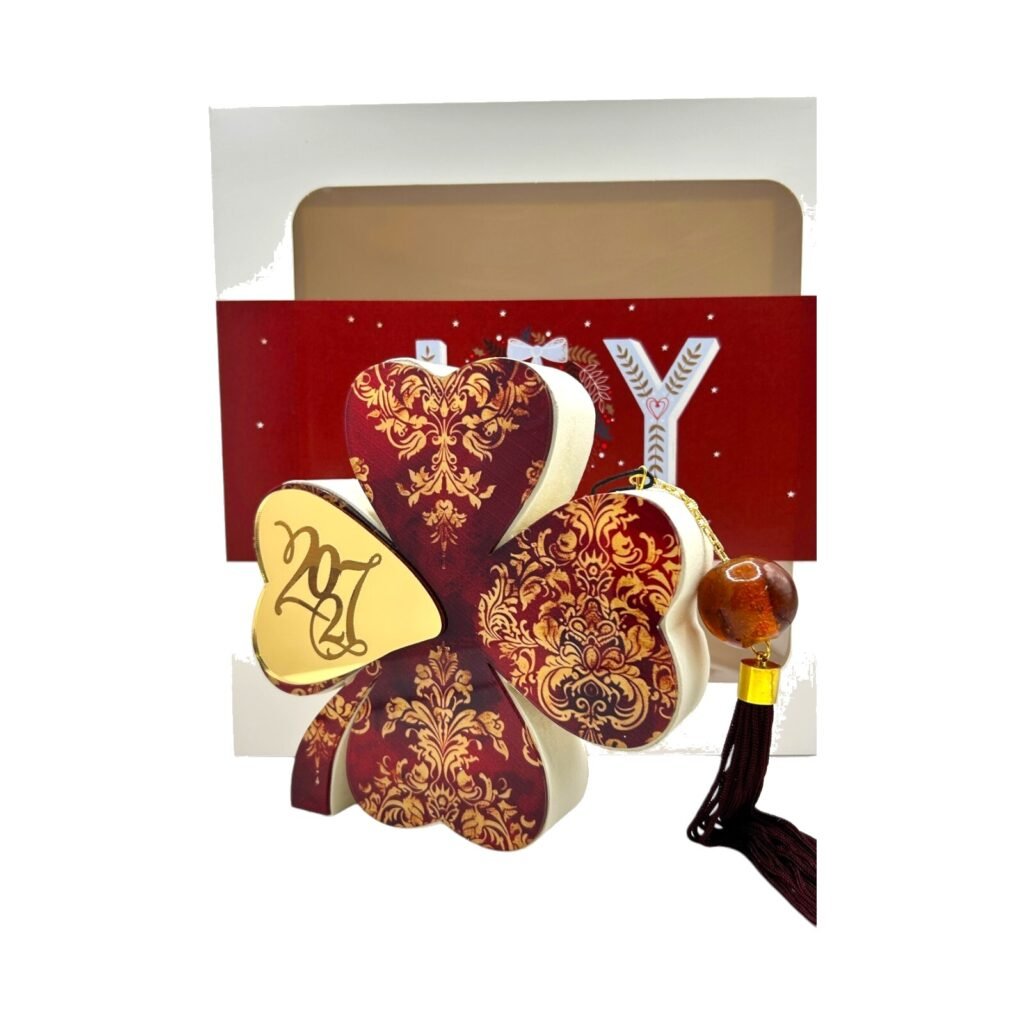 Ξύλινο τετράφυλλο τριφύλλι Merry Roses σε κόκκινο μπαρόκ με χρυσό 2027