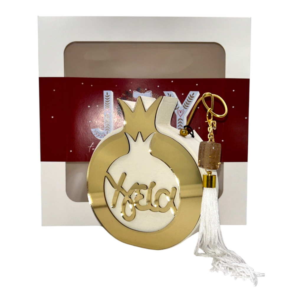 Γούρι ρόδι Merry Roses σε χρυσό καθρέφτη με τη λέξη Υγεία και λευκή φούντα