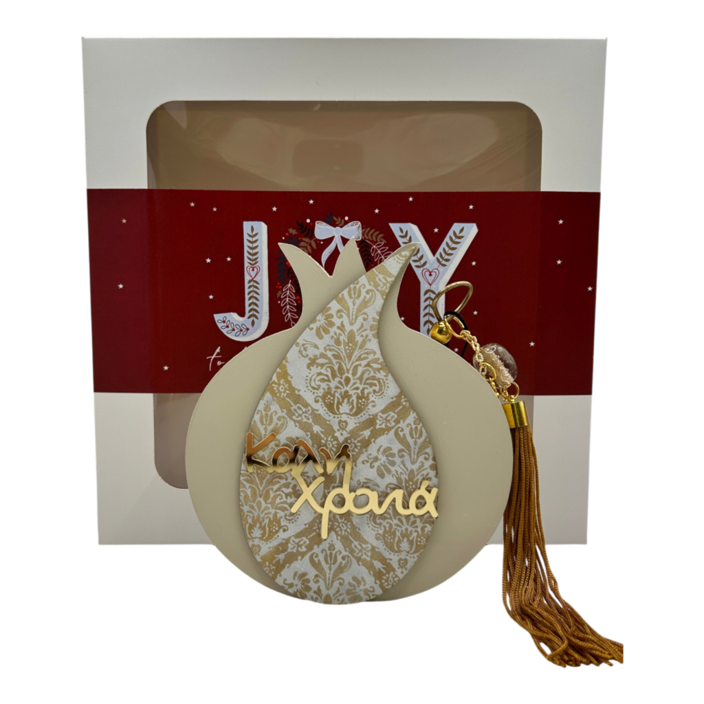 Ξύλινο γούρι ρόδι Merry Roses σε κρεμ με την ευχή Καλή Χρονιά