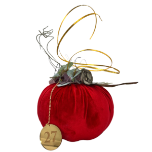 Υφασμάτινη κολοκύθα Merry Roses σε κόκκινο με ευκάλυπτο και χρυσή πλακέτα 27