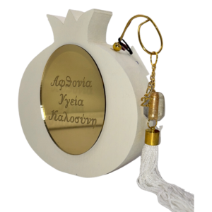 Ξύλινο γούρι ρόδι Merry Roses σε εκρού με την ευχή Αφθονία, Υγεία, Καλοσύνη