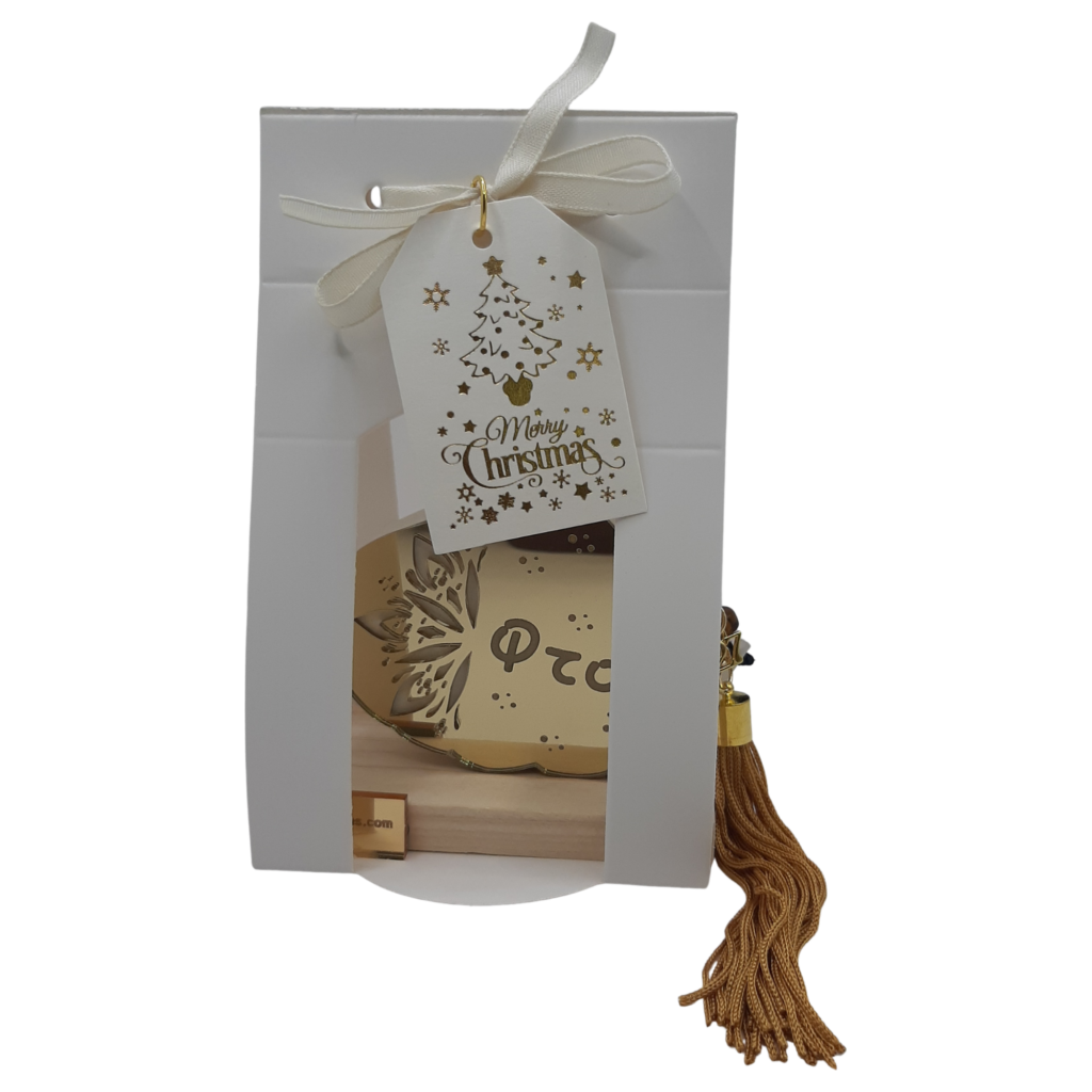 Γούρι 2027 Merry Roses, επιτραπέζιο σκόρδο σε χρυσό καθρέφτη με τη λέξη Φτού και χρυσή φούντα