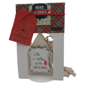 Ξύλινο σπιτάκι Merry Roses σε λευκό με την πλακέτα Life is better with friends