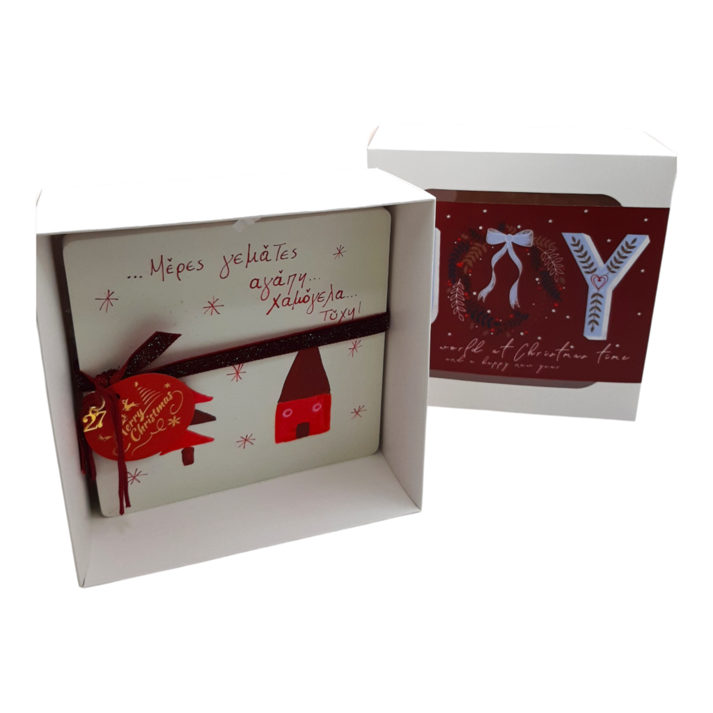 Χειροποίητο κεραμικό καδράκι Merry Roses με σπιτάκι και έλατο