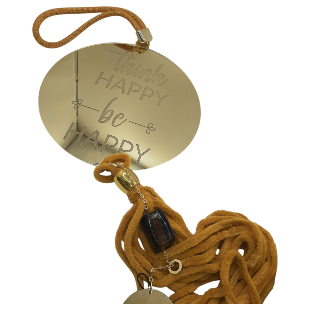 Στεφάνι 2027 χρυσός καθρέφτης «Think happy, be happy» με μουσταρδί φούντα