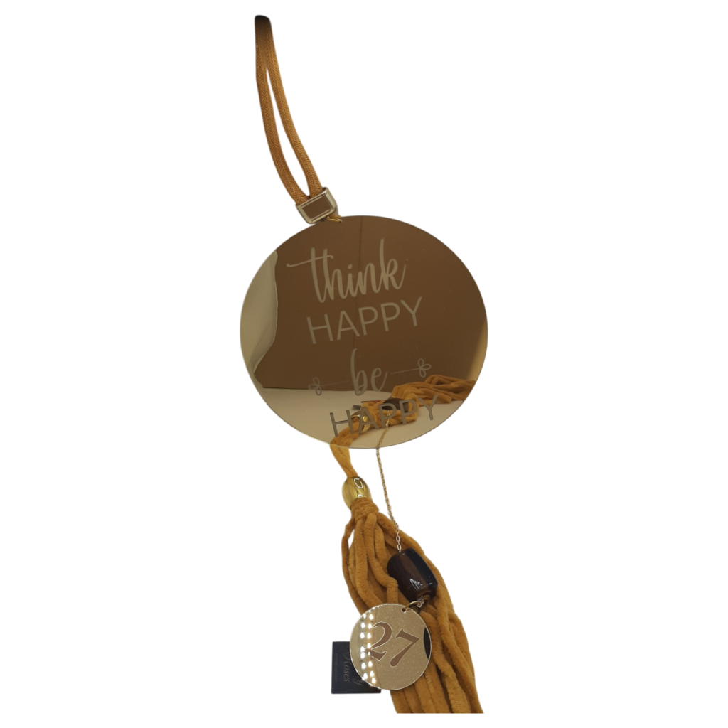 Στεφάνι 2027 χρυσός καθρέφτης «Think happy, be happy» με μουσταρδί φούντα